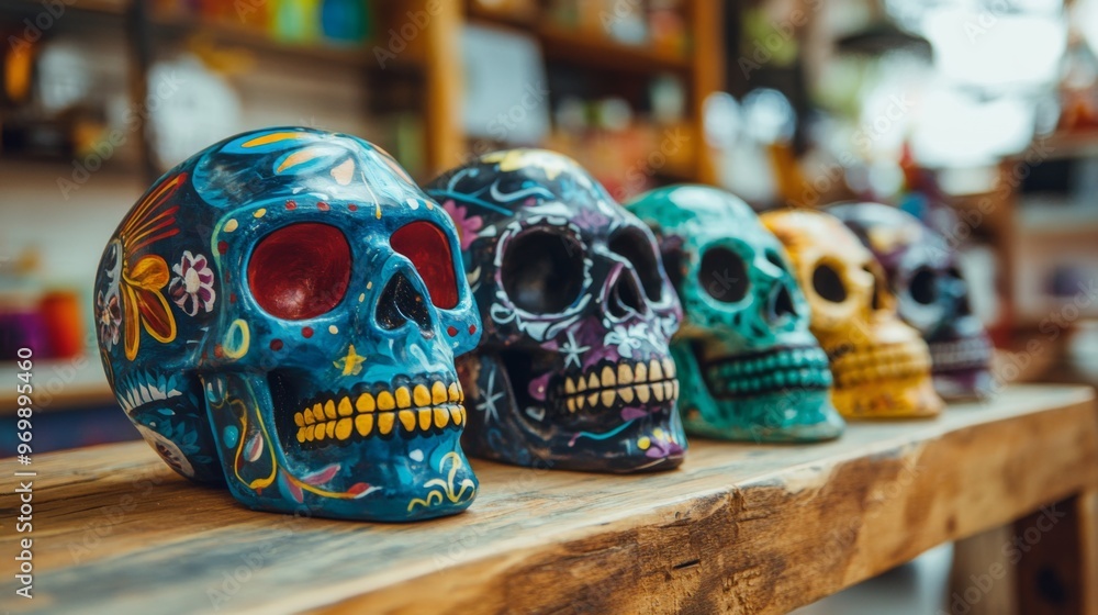 Fototapeta premium Colorful Painted Skulls on a Wooden Surface