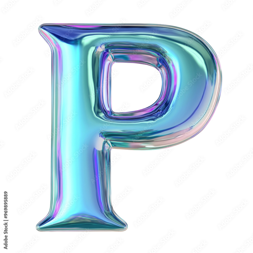 Hologram blue green metallic P alphabet Realistic 3D on white background. Generative AI Hologram blue green metallic P alphabet Realistic 3D on white background. Generative AI