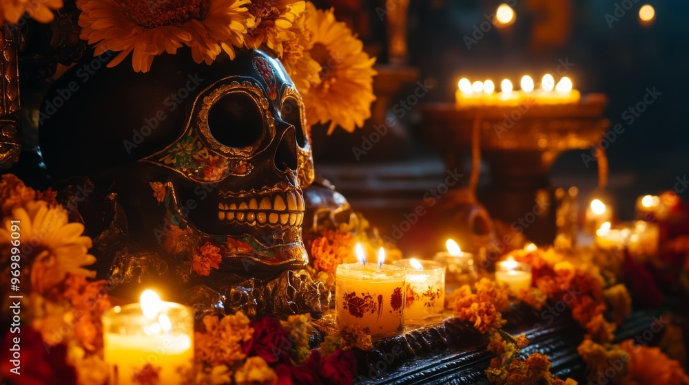 Obraz premium Decorated Sugar Skull with Marigold Flowers and Candles for Day of the Dead