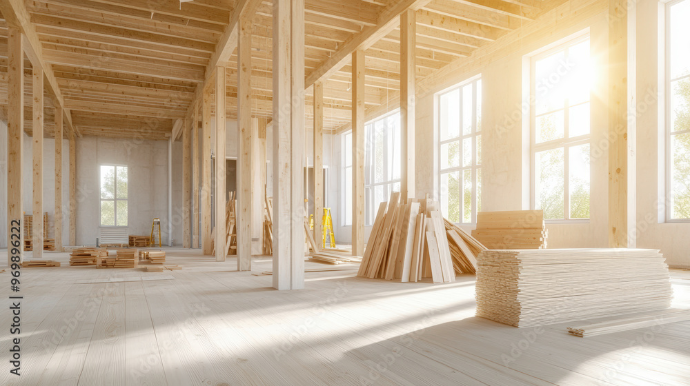 Obraz premium A sunlit, spacious room under construction with exposed wooden beams, tall columns, and stacks of lumber and building materials neatly arranged.