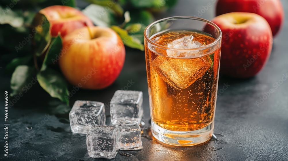 A refreshing glass of apple juice with ice cubes and apples in the background, refreshing beverage, homemade drink , apple juice A refreshing glass of apple juice with ice cubes and apples in the background, refreshing beverage, homemade drink , apple juice