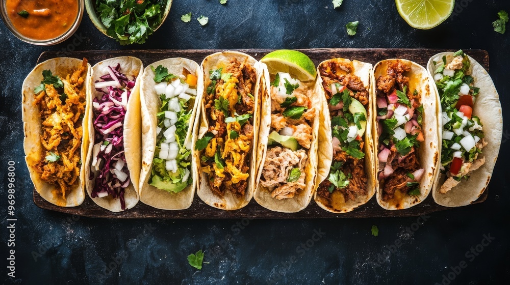 A Row of Delicious Tacos with Various Toppings, Tacos, Mexican Food, Food Photography A Row of Delicious Tacos with Various Toppings, Tacos, Mexican Food, Food Photography