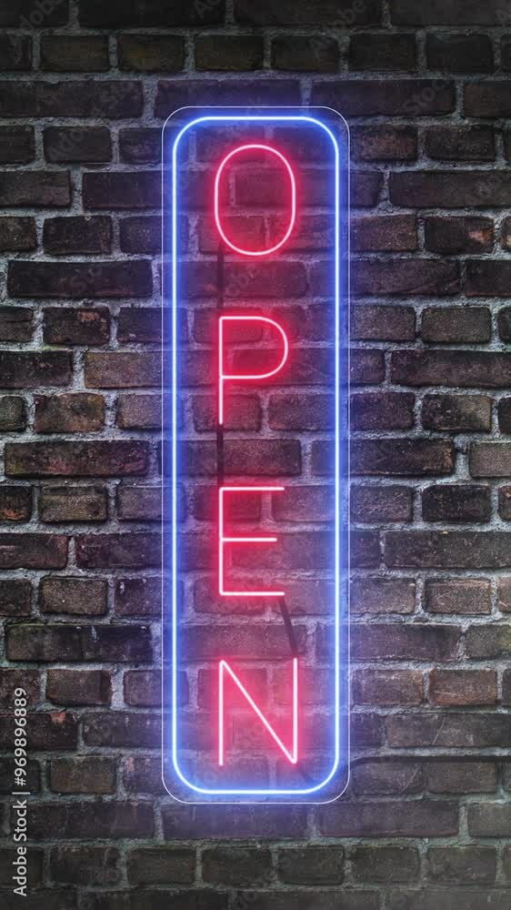 Open neon signboard on bricks wall background. Blue frame with letters in red neon colors. Open retro signboard. Vertical video Open neon signboard on bricks wall background. Blue frame with letters in red neon colors. Open retro signboard. Vertical video