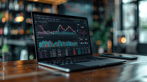 A person trading cryptocurrency on a laptop, with graphs and charts of market trends visible