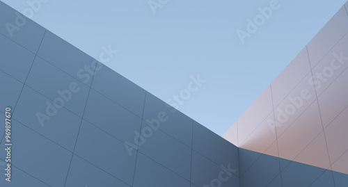 Fototapeta Naklejka Na Ścianę i Meble -  Concrete, block wall with sunset beam and sky. Architectural design, minimalist structure. Modern abstract high building,wallpaper.3D render