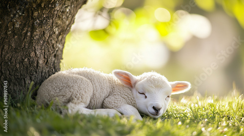 A fluffy white lamb peacefully sleeping under a tree on a sunny day, surrounded by lush green grass and softly lit with natural sunlight.