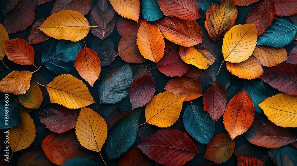 Vibrant Autumn Leaves in Various Shades of Red, Yellow, and Teal Vibrant Autumn Leaves in Various Shades of Red, Yellow, and Teal