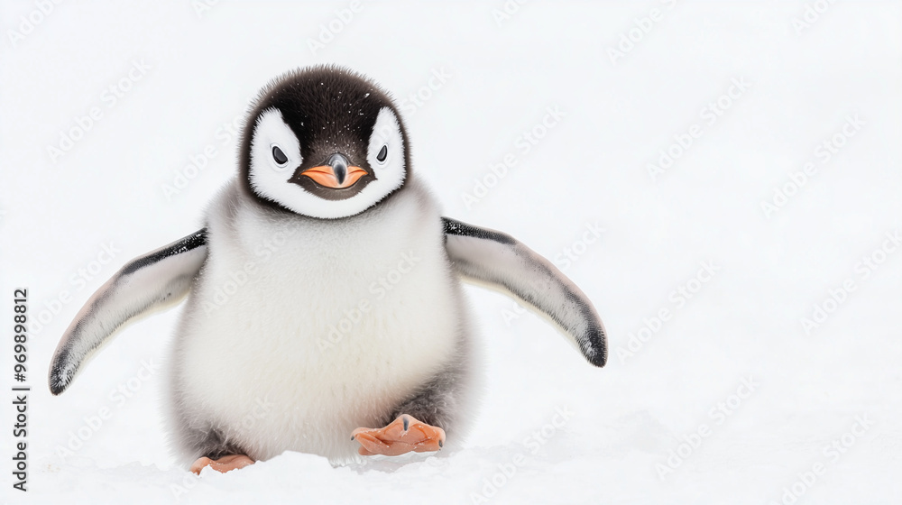 Obraz premium A cute penguin chick standing on the snowy ground with its wings slightly outstretched. The fluffy feathers and the serene snowy background create an adorable scene.