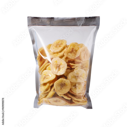 Dried banana chips in a clear bag, perfect snack for health-conscious individuals. Crunchy and tasty for any occasion.