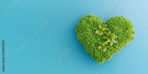 aerial drone photo of a tropical palm island in the shape of a heart, surrounded by tons of empty space.