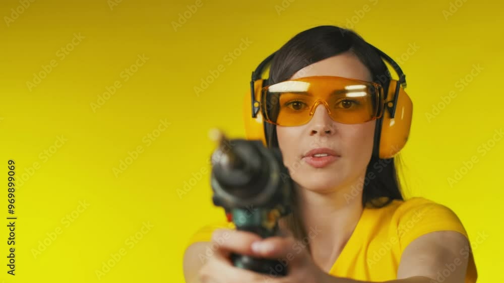 A brunette woman in protective headphones and glasses is holding a drill like a gun with a smile in the yellow studio background A brunette woman in protective headphones and glasses is holding a drill like a gun with a smile in the yellow studio background