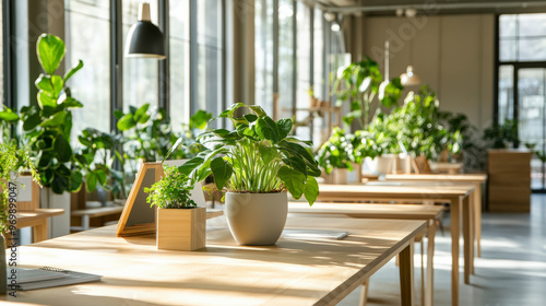 A bright office space filled with wooden desks and various green plants, creating a fresh and inviting work environment.