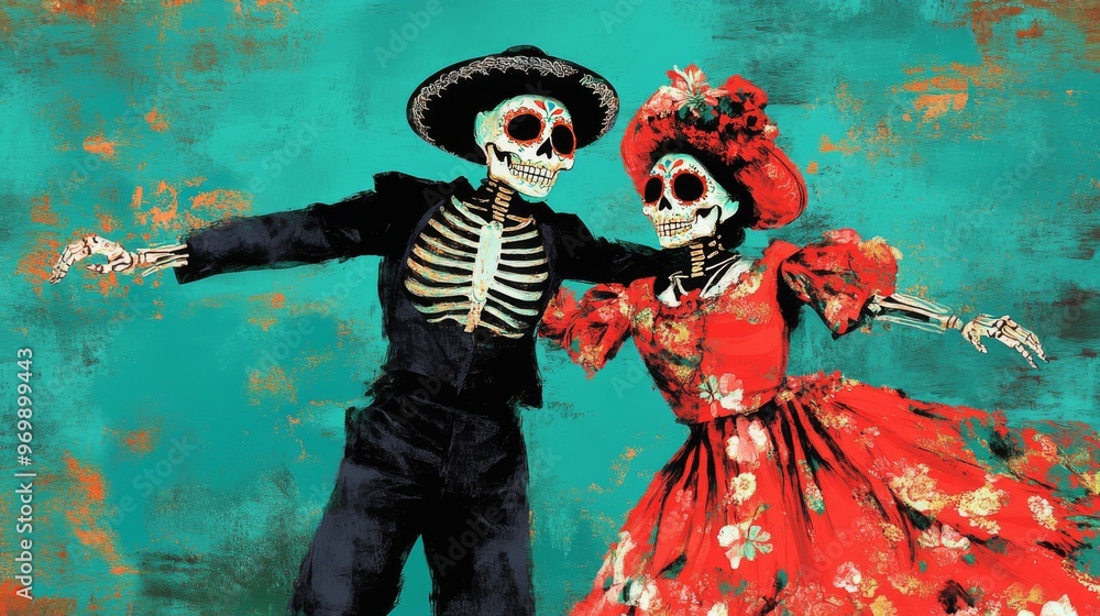 Fototapeta premium Skeletons in Traditional Mexican Attire Dancing Against a Turquoise Background