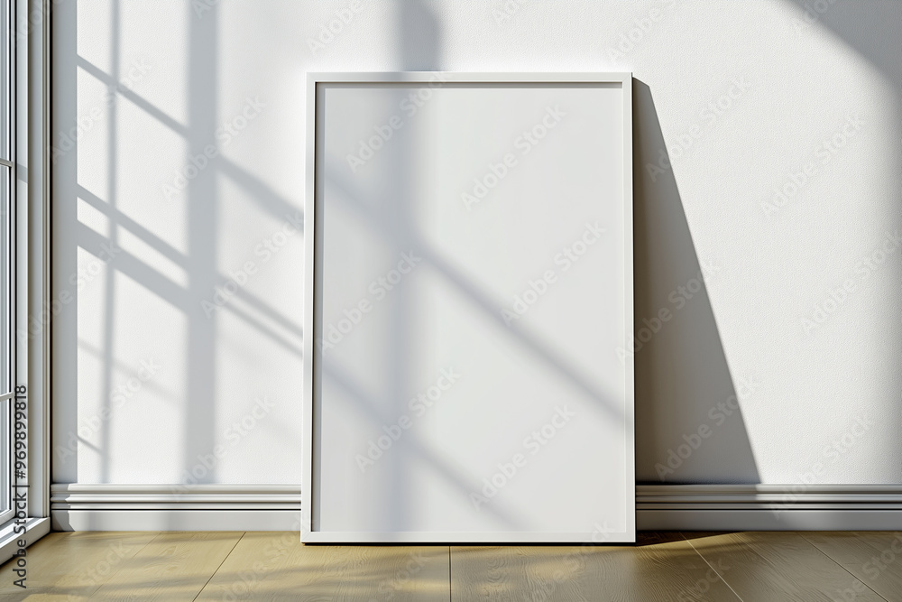 mockup of white frame on wooden floor in front of a wall in room. blank poster with frame, minimalist aesthetic template mockup of white frame on wooden floor in front of a wall in room. blank poster with frame, minimalist aesthetic template