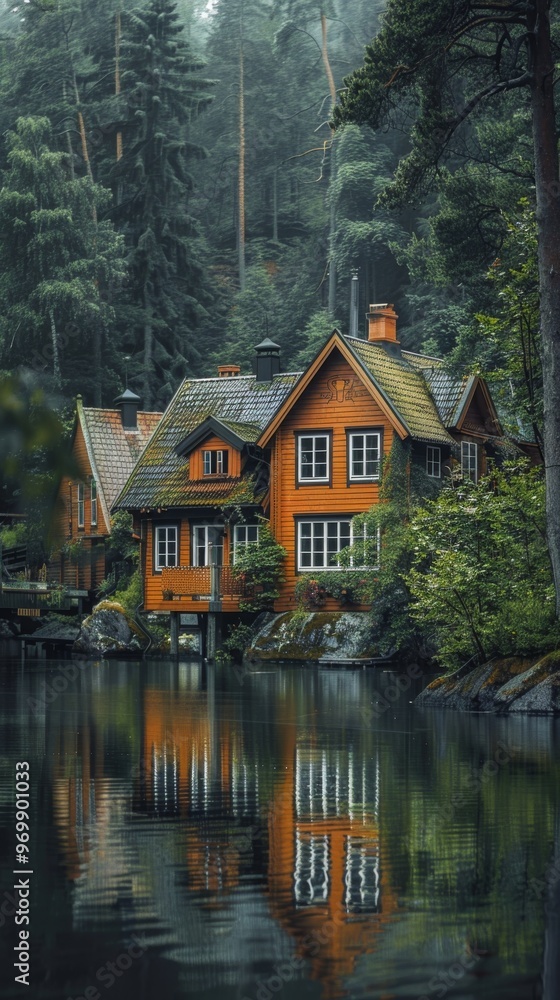 Fototapeta premium Wooden house with a mossy roof reflecting in a lake, surrounded by dense forest.