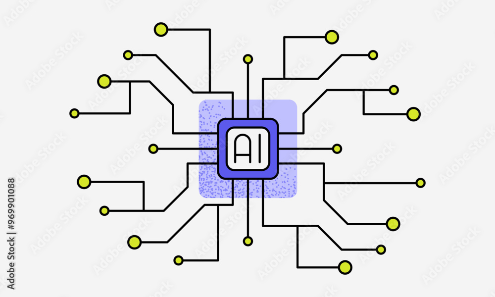 Obraz premium Artificial intelligence chip processor flat vector illustration. AI technology data science graphic icon