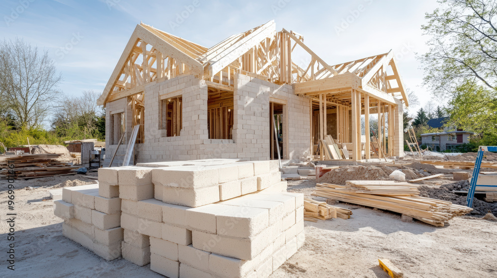 Fototapeta premium A house under construction with stacks of construction materials, wooden framing in progress, and a partially completed roof in a clear sunny setting.