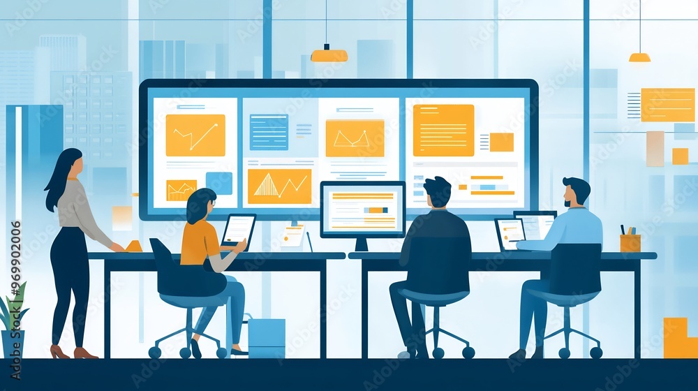 Four businesspeople are working in a modern office with large monitor displaying graphs and data. Four businesspeople are working in a modern office with large monitor displaying graphs and data.