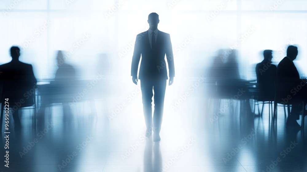 Fototapeta premium Silhouetted Businessman Walking Through a Blurred Office