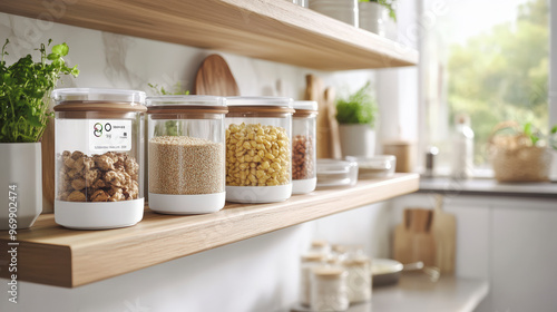 A kitchen shelf with neatly arranged jars of grains and nuts, surrounded by plants and kitchenware, showcasing an organized, bright, and modern kitchen space.