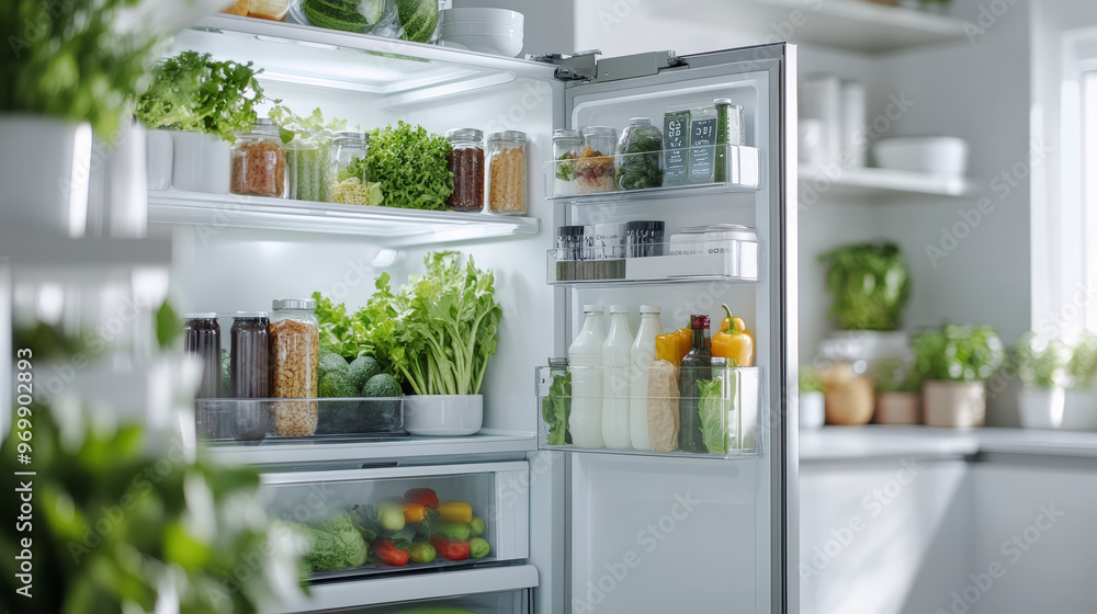An open fridge stocked with fresh vegetables, leafy greens, and various food items in jars, set in a bright, modern kitchen. An open fridge stocked with fresh vegetables, leafy greens, and various food items in jars, set in a bright, modern kitchen.
