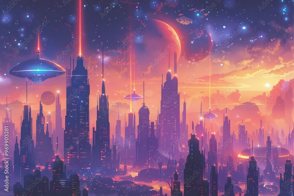 A vibrant futuristic cityscape under a cosmic sky, featuring towering skyscrapers, floating ships, and stunning celestial phenomena. A vibrant futuristic cityscape under a cosmic sky, featuring towering skyscrapers, floating ships, and stunning celestial phenomena.