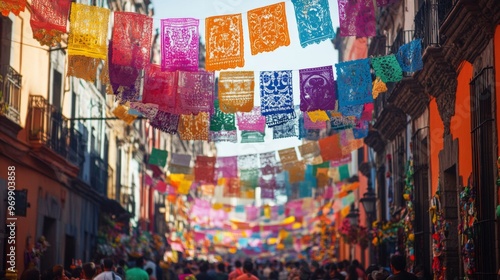 Wallpaper Mural Colorful Paper Flags Hanging Over a Crowded Street in Mexico Torontodigital.ca