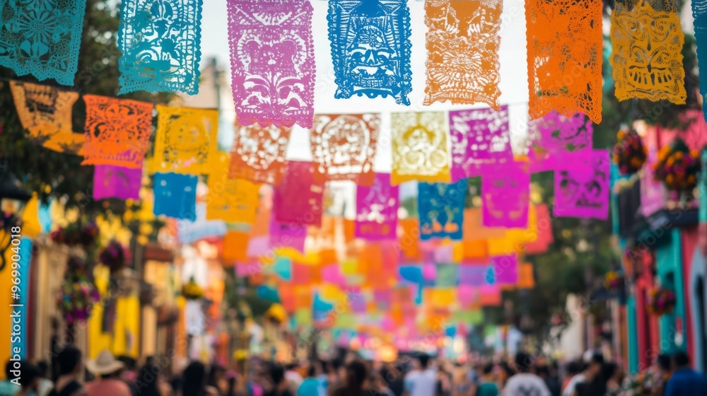 Fototapeta premium Colorful Paper Banners Hanging Over a Crowded Street