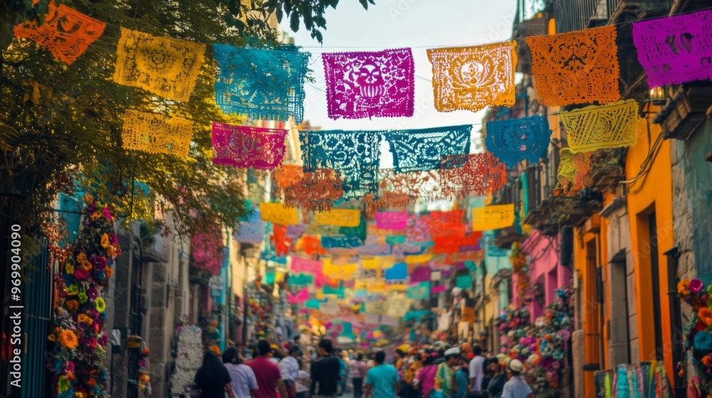 Fototapeta premium Colorful Paper Flags Adorn a Narrow Street in Mexico