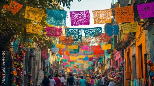 Wallpaper Mural Colorful Paper Flags Adorn a Narrow Street in Mexico Torontodigital.ca