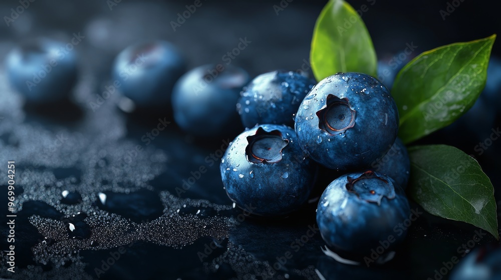 Close-Up of Blueberries with Water Drops on a Dark Background, Macro Photography, Fresh Fruit, Blueberry, Berries, Fruit Close-Up of Blueberries with Water Drops on a Dark Background, Macro Photography, Fresh Fruit, Blueberry, Berries, Fruit