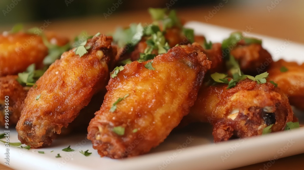 Close-Up of Crispy Fried Chicken Wings with Parsley Garnish on a White Plate, Food Photography, Appetizer, Chicken Wings, Parsley ,food, crispy Close-Up of Crispy Fried Chicken Wings with Parsley Garnish on a White Plate, Food Photography, Appetizer, Chicken Wings, Parsley ,food, crispy