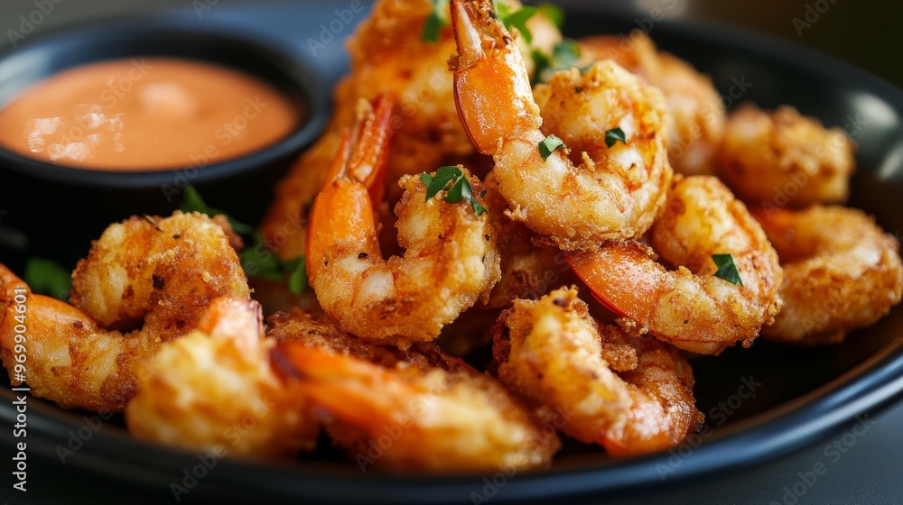 Close-up of Crispy Fried Shrimp with a Side of Orange Sauce, Seafood, Shrimp, Appetizer Close-up of Crispy Fried Shrimp with a Side of Orange Sauce, Seafood, Shrimp, Appetizer