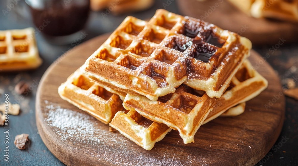 Close-Up of Crispy Waffles Drizzled with Chocolate and Powdered Sugar, Wooden Board, Waffles, Chocolate, Dessert Close-Up of Crispy Waffles Drizzled with Chocolate and Powdered Sugar, Wooden Board, Waffles, Chocolate, Dessert