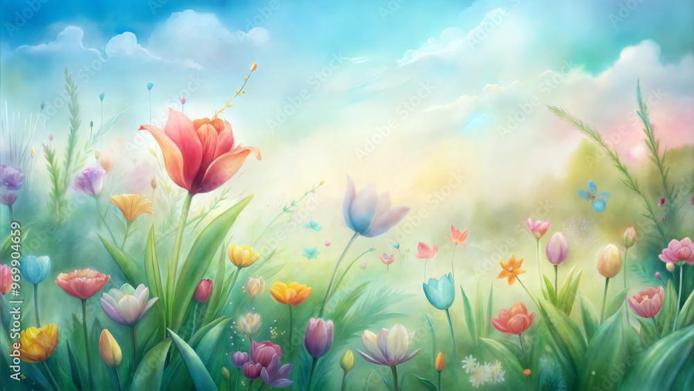 Bright and colorful meadow filled with flowers and scenic mountains at sunrise