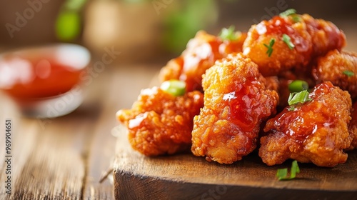 Close-up of Crispy Orange Chicken on a Wooden Cutting Board, Food Photography, Delicious Dinner, Orange Chicken, Asian Cuisine photo