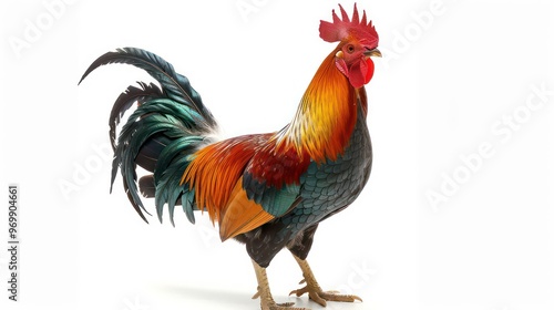 A rooster with a red comb and wattles, black, gold, and brown feathers stands on a white background.