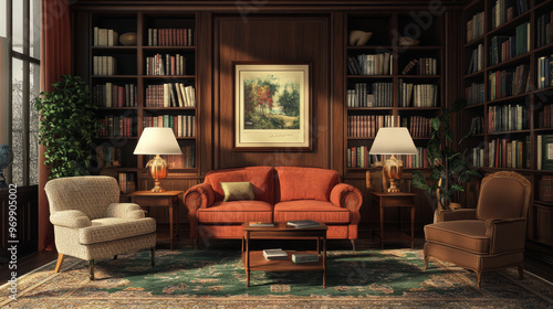 Design a setting that reflects sophistication, such as a stylish city apartment,a classic library,or a sophisticated office.Include details like tasteful art, high-quality furniture, and elegant dcor.