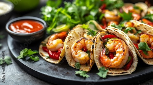 Close-up of Grilled Shrimp Tacos with Cilantro and Red Peppers, Food Photography, Tortillas, Seafood, Mexican Cuisine