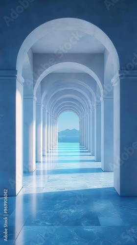 ethereal architectural dreamscape tilted white columns bathed in soft blue light minimalist design with subtle gradients infinite horizon surreal peaceful atmosphere