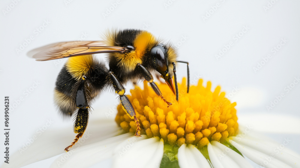 A close-up of a bumblebee with vibrant black, yellow, and white stripes collecting nectar from a white daisy against a bright background. A close-up of a bumblebee with vibrant black, yellow, and white stripes collecting nectar from a white daisy against a bright background.