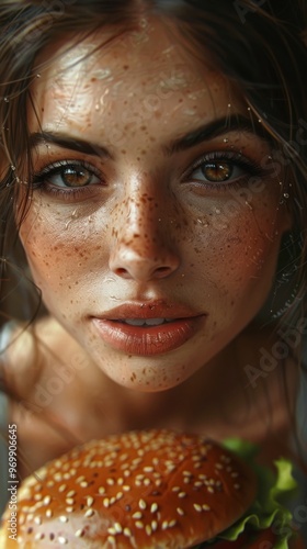 Close-up portrait of a young woman with wet face and freckles holding a burger.