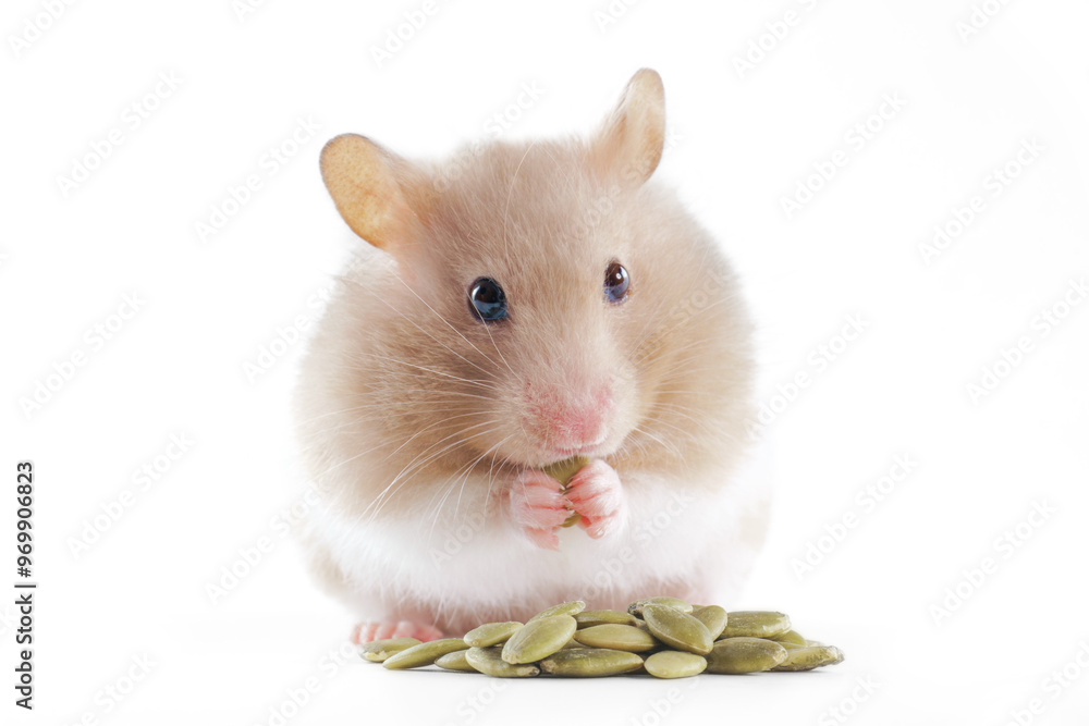 Little hamster eating pumpkin seeds isolated