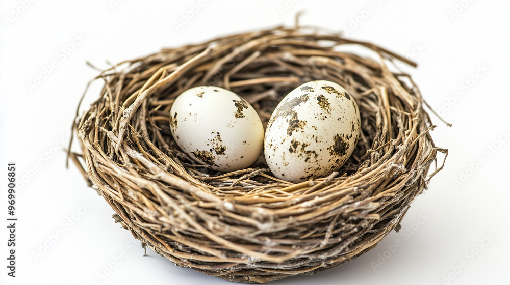 Close-up of a bird's nest with two speckled eggs, isolated on a white background, showcasing a natural, earthy, and serene setting. Close-up of a bird's nest with two speckled eggs, isolated on a white background, showcasing a natural, earthy, and serene setting.