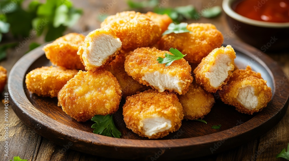 Crispy Chicken Nuggets on Wooden Plate, Food Photography, Close-up, Delicious, Chicken Nuggets, Fast Food, Appetizer Crispy Chicken Nuggets on Wooden Plate, Food Photography, Close-up, Delicious, Chicken Nuggets, Fast Food, Appetizer