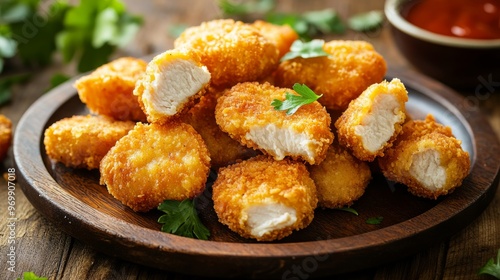 Crispy Chicken Nuggets on Wooden Plate, Food Photography, Close-up, Delicious, Chicken Nuggets, Fast Food, Appetizer