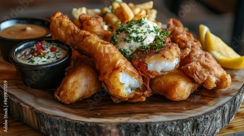 Crispy Fish and Chips with Dipping Sauces on a Wooden Platter, fish and chips, pub food, seafood