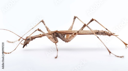 A close-up of a brown stick insect on a white background.