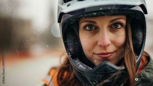 40 yo woman Wearing skateboard helmet close up portrait with skate park on background