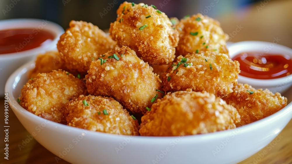 Crispy Golden Fried Bites in White Bowl with Red Sauce, appetizer, food, snack Crispy Golden Fried Bites in White Bowl with Red Sauce, appetizer, food, snack